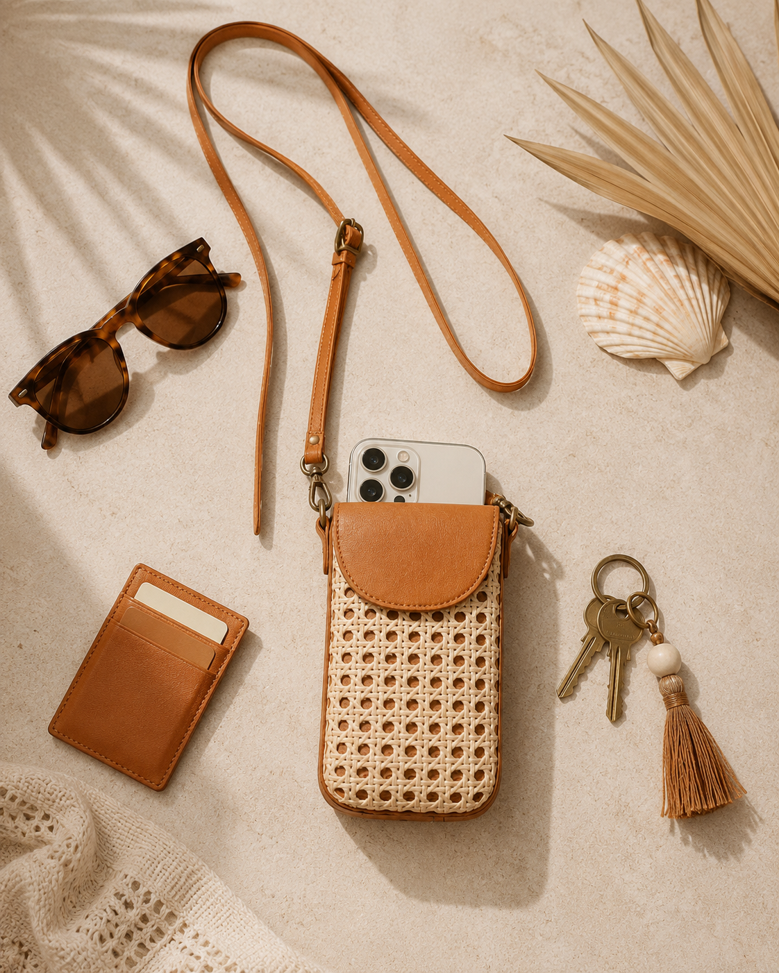 Nia Leather and Rattan Phone Sling