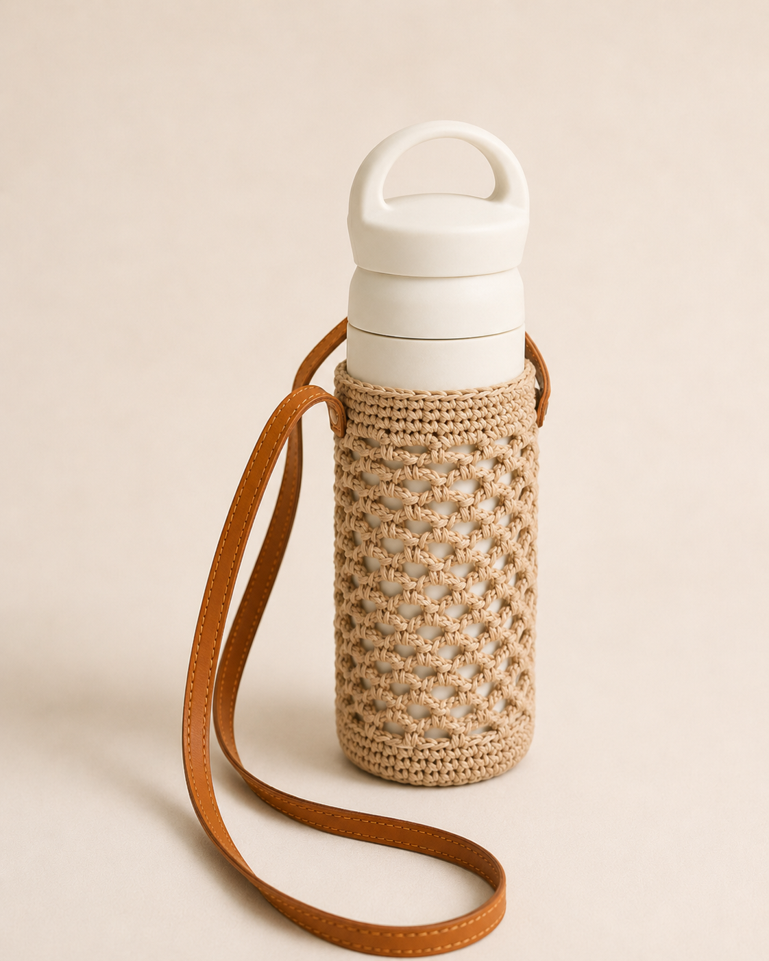 Crochet Cotton and Leather Water Bottle Holder