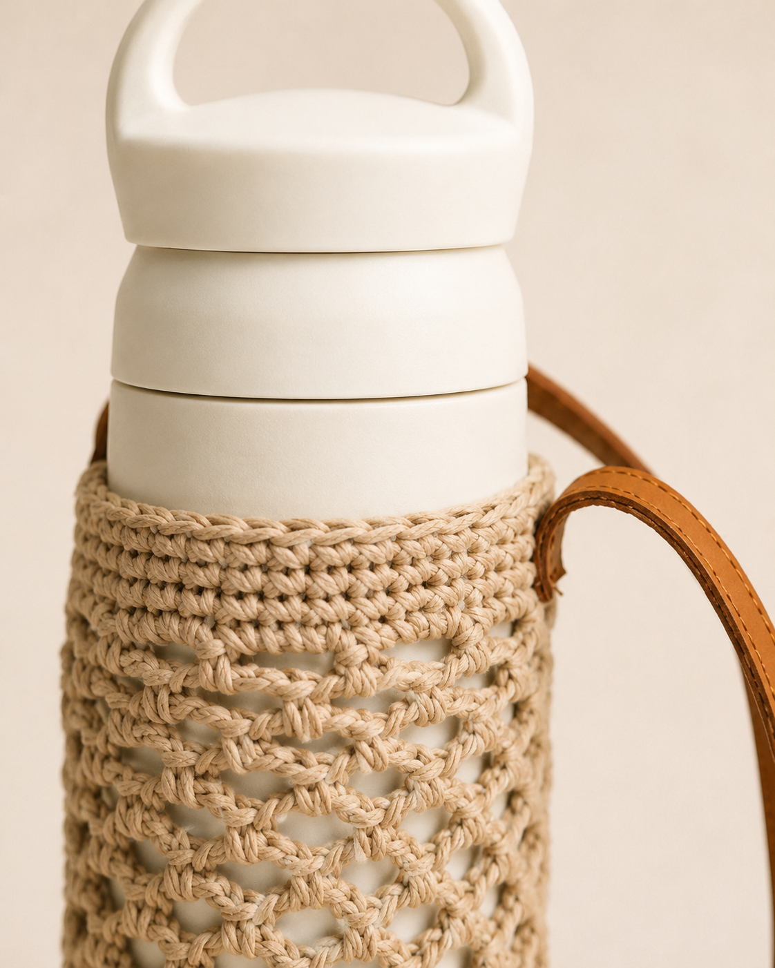 Crochet Cotton and Leather Water Bottle Holder