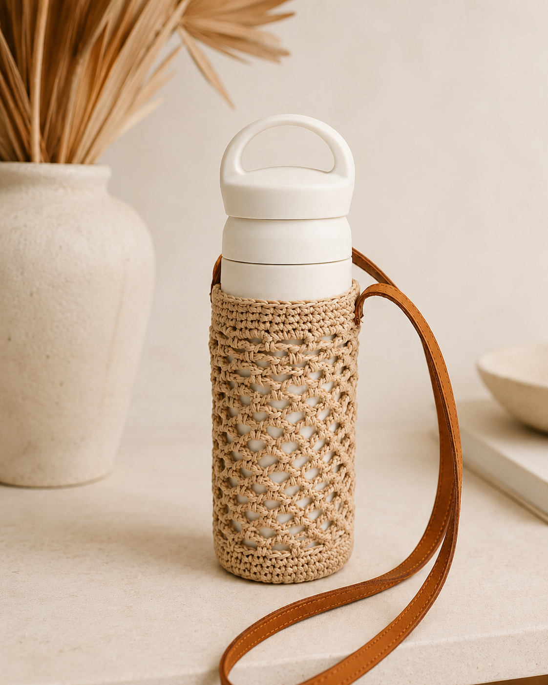 Crochet Cotton and Leather Water Bottle Holder